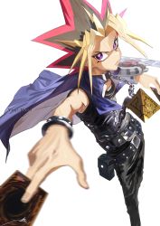 Rule 34 | 1boy, absurdres, belt, black hair, blonde hair, card, chain, commentary request, dyed bangs, highres, holding, holding card, jacket, jewelry, male focus, millennium puzzle, multicolored hair, open mouth, ossan zabi 190, pants, purple eyes, shirt, solo, spiked hair, yami yugi, yu-gi-oh!, yu-gi-oh! duel monsters