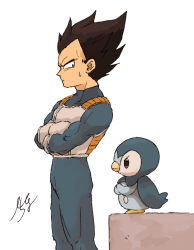 Rule 34 | 1boy, armor, black eyes, black hair, bodystocking, chima po001, closed mouth, commentary request, creatures (company), crossed arms, crossover, dragon ball, dragonball z, facing away, feet out of frame, from side, frown, game freak, gen 4 pokemon, gloves, height difference, looking afar, looking at viewer, looking down, looking to the side, male focus, muscular, nintendo, o o, piplup, pokemon, pokemon (creature), profile, serious, signature, simple background, spiked hair, standing, sweatdrop, vegeta, white background, white gloves