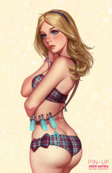 Rule 34 | 1girl, ass, bare shoulders, bikini, blonde hair, blue eyes, bow, bracelet, breasts, hairband, jewelry, league of legends, long hair, lux (league of legends), md5 mismatch, medium breasts, parted lips, plaid, plaid bikini, solo, standing, swimsuit, tsuaii