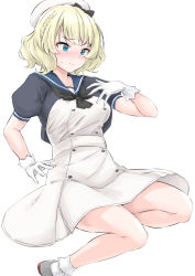 Rule 34 | 1girl, black sailor collar, blonde hair, blue eyes, blush, breasts, buttons, closed mouth, colorado (kancolle), cosplay, dress, gloves, highres, jervis (kancolle), jervis (kancolle) (cosplay), kantai collection, look-alike, medium breasts, sailor collar, sailor dress, short hair, short sleeves, simple background, socks, solo, takomeshi, white background, white dress, white gloves, white socks