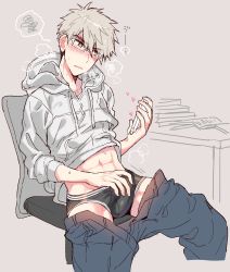 Rule 34 | 1boy, bad id, bad twitter id, black briefs, black male underwear, blush, briefs, bulge, cellphone, chair, clothes pull, desk, erection, erection under clothes, glasses, grey background, grey eyes, grey hair, heart, heavy breathing, highres, hood, hoodie, inactive account, kiyose akame, male focus, male masturbation, male underwear, masturbation, masturbation through clothes, original, pants, pants pull, parted lips, phone, rectangular eyewear, simple background, sitting, smartphone, solo, spoken squiggle, squiggle, underwear, white-framed eyewear, white hoodie