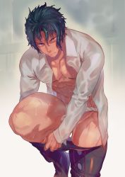Rule 34 | 1boy, black hair, fate/grand order, fate (series), fundoshi, haiki (tegusu), highres, hijikata toshizou (fate), japanese clothes, looking at viewer, male focus, male underwear, open clothes, open shirt, red eyes, rokushaku fundoshi, serious, solo, standing, standing on one leg, thighs, underwear, undressing, wet, wet hair, white male underwear