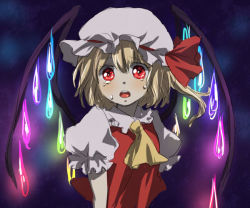Rule 34 | 1girl, alternate wings, blonde hair, crying, crying with eyes open, female focus, flandre scarlet, glowing, hat, machiko (beard), mob cap, open mouth, red eyes, scared, short hair, side ponytail, solo, tears, touhou, upper body, wings