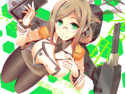 Rule 34 | 10s, 1girl, black necktie, breasts, brown hair, buttons, cannon, closed mouth, collared shirt, double-breasted, epaulettes, eyebrows, folded ponytail, from above, glasses, gloves, green eyes, grey shirt, hexagon, jacket, kantai collection, katori (kancolle), koumei (twinameless), large breasts, long hair, long sleeves, looking at viewer, machinery, military, military uniform, necktie, pantyhose, rimless eyewear, shirt, skirt, smile, solo, turret, uniform, white gloves
