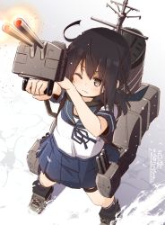 Rule 34 | 1girl, adapted turret, aiming, black eyes, black hair, blue sailor collar, cannon, commentary request, fubuki (kancolle), fujisaki yuu, full body, kantai collection, low ponytail, machinery, one-hour drawing challenge, one eye closed, pleated skirt, ponytail, sailor collar, sailor shirt, school uniform, serafuku, shirt, short ponytail, sidelocks, skirt, smokestack, solo, standing, turret, ventilation shaft