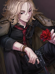 Rule 34 | 1boy, absurdres, arm rest, belt, black eyes, black necktie, black pants, blonde hair, blood, blood on arm, blood on hands, bloody weapon, chain, coat, coat on shoulders, collared shirt, finger on trigger, flower, frown, grey background, gun, hair between eyes, hair slicked back, handgun, highres, holding, holding flower, holding gun, holding weapon, holster, jewelry, knees up, looking at viewer, looking away, looking down, male focus, medium hair, neck tattoo, necktie, pants, pizza oisii6, red flower, red necktie, red rose, ring, rose, sano manjirou, shirt, shoulder holster, sideways glance, sitting, sleeves rolled up, solo, tattoo, thigh holster, tokyo revengers, watch, weapon, wristwatch