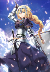 Rule 34 | 1girl, arm up, armor, blonde hair, blue sky, braid, breasts, cloud, day, elbow gloves, fate/apocrypha, fate/grand order, fate (series), flag, gabiran, gauntlets, gloves, helmet, jeanne d&#039;arc (fate), jeanne d&#039;arc (ruler) (fate), long hair, looking at viewer, medium breasts, purple gloves, sheath, sheathed, sky, smile, solo, sword, weapon