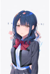 Rule 34 | 1girl, arms at sides, text background, blue hair, blush, bow, bowtie, breast pocket, breasts, closed mouth, collared shirt, commentary, floral background, grey background, grey jacket, grey skirt, hanayagi kaoruko, jacket, kongya, korean text, long sleeves, looking away, medium breasts, medium hair, open clothes, open jacket, petals, pocket, red bow, red bowtie, school uniform, seishou music academy uniform, shirt, shirt tucked in, shoujo kageki revue starlight, skirt, solo, standing, translation request, upper body, v-shaped eyebrows, white shirt, yellow eyes
