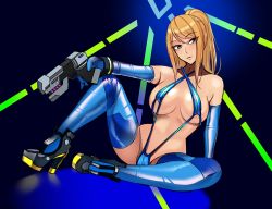 Rule 34 | 1girl, adapted costume, arm support, bare shoulders, black footwear, blue gloves, blue one-piece swimsuit, blue thighhighs, breasts, cameltoe, cleavage, collarbone, criss-cross halter, full body, gloves, gun, halterneck, high heels, highres, holding, holding gun, holding weapon, large breasts, leaning to the side, long hair, looking at viewer, metroid, nintendo, one-piece swimsuit, parted lips, pointy ears, ponytail, samus aran, sidelocks, sitting, slingshot swimsuit, smile, solo, spread legs, stomach, swept bangs, swimsuit, thighhighs, volyz, weapon, zero suit