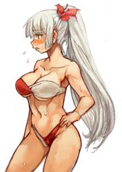 Rule 34 | 1girl, bikini, blush, bow, breasts, cleavage, fujiwara no mokou, full-face blush, hair bow, hand on own hip, large breasts, long hair, navel, parted lips, ponytail, red bikini, red eyes, sachito, silver hair, simple background, sketch, solo, swimsuit, thick thighs, thighs, touhou, very long hair, white background