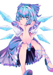 Rule 34 | 1girl, absurdres, blue bow, blue dress, blue eyes, blue footwear, blue hair, bow, cirno, closed mouth, detached wings, dress, foot out of frame, frilled dress, frilled sleeves, frills, hair bow, hands on own chin, head rest, highres, kinosuke (pixiv11213139), no socks, pinafore dress, puffy short sleeves, puffy sleeves, shirt, short hair, short sleeves, simple background, sleeveless dress, solo, symbol-shaped pupils, touhou, white background, white shirt, wings