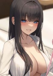 Rule 34 | 1girl, ame 816, black hair, blue eyes, blush, breasts, cleavage, collarbone, ear focus, huge breasts, large breasts, lips, long hair, looking at viewer, no bra, open clothes, open mouth, open shirt, original, smile, teeth, very long hair