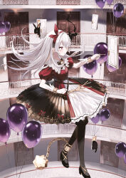 Rule 34 | 1girl, alice (alice in wonderland), alice in wonderland, ball and chain restraint, balloon, bow, bowtie, door, door knocker, full body, hairband, highres, holding, holding key, key, puffy sleeves, rabbit, red eyes, red hairband, shoes, solo, wakuseiy, white hair, wrist cuffs