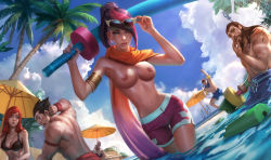 Rule 34 | 3boys, 3girls, adjusting eyewear, alternate costume, arm floats, arm tattoo, armlet, ashe (league of legends), beach umbrella, beard, bikini, black hair, blue eyes, blue male swimwear, blue swim trunks, breasts, brown hair, chengwei pan, cleavage, darius (league of legends), drawstring, facial hair, fiora (league of legends), garen (league of legends), katarina (league of legends), league of legends, long hair, male swimwear, male swimwear challenge, medium breasts, midriff, multicolored hair, multiple boys, multiple girls, muscular, mustache, nail polish, navel, nipples, o-ring, o-ring top, official art, palm tree, partially submerged, pink nails, pink shorts, pool, pool party fiora, red hair, red male swimwear, red swim trunks, scar, scar across eye, scar on face, scarf, short hair, short ponytail, shorts, sitting, spiked hair, standing, sunglasses, swim trunks, swimsuit, tattoo, third-party edit, topfreedom, topless, toy sword, tree, tryndamere, umbrella, water, white hair