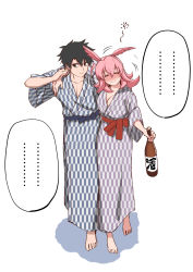 Rule 34 | ..., 1boy, 1girl, alternate costume, arm around shoulder, barefoot, black hair, bottle, breasts, cleavage, commentary request, drunk, fate/grand order, fate (series), fujimaru ritsuka (male), hair between eyes, highres, hildr (fate), hirunagi, holding, holding bottle, japanese clothes, kimono, large breasts, looking at another, medium breasts, no bra, pink hair, sake bottle, simple background, smile, speech bubble, spoken ellipsis, squeans, sweatdrop, valkyrie (fate), white background, yukata