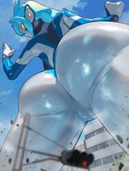 Rule 34 | 1girl, altina earth (nikunopengin), ass, ass focus, backboob, blue sky, breasts, building, cameltoe, cloud, curvy, day, debris, dust, fighting stance, from behind, from below, giant, giantess, glowing, huge ass, kaijin, large breasts, muscular, muscular female, nikunopengin, original, rubble, shiny skin, sky, superhero costume, thick thighs, thighs, toned, toned female, traffic light, tsuburaya productions, ultra series, wide hips, yellow eyes