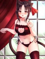 Rule 34 | 1girl, absurdres, animal ears, bare arms, bare shoulders, black hair, black panties, black thighhighs, blush, bra, breasts, cat cutout, cat ear panties, cat ears, cat lingerie, cleavage cutout, clothing cutout, collarbone, commentary request, curtains, fang, folded ponytail, hair ribbon, highres, indoors, kaguya-sama wa kokurasetai ~tensai-tachi no renai zunousen~, looking at viewer, medium breasts, meme attire, navel, open mouth, panties, parted bangs, red eyes, red ribbon, ribbon, shinomiya kaguya, short hair, side-tie panties, sidelocks, solo, thighhighs, underwear, vitaminechan, window