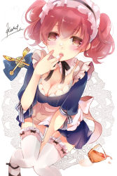 Rule 34 | 10s, 1girl, apron, blue dress, blue skirt, breasts, cleavage, dress, food, food on face, frills, garter straps, inu x boku ss, looking at viewer, maid, maid apron, maid headdress, open mouth, pink hair, ribbon, roromiya karuta, short hair, short twintails, sitting, skirt, solo, thighhighs, tukino (panna), twintails, white thighhighs, yellow eyes, zettai ryouiki