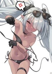 Rule 34 | 1girl, anger vein, artist logo, bare arms, bare legs, bare shoulders, bikini, black bikini, black choker, black gloves, black ribbon, black tail, blue archive, blush, breasts, choker, cowboy shot, demon tail, eyewear on head, gloves, grey hair, hair over one eye, hair ribbon, highres, iori (blue archive), iori (swimsuit) (blue archive), long hair, official alternate costume, pointy ears, red eyes, ribbon, simple background, small breasts, solo, spoken anger vein, sunglasses, swimsuit, tail, thigh strap, twintails, white background, yoshida pino
