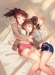 Rule 34 | 2girls, bare legs, bed sheet, blue shorts, blunt bangs, blush, bow, breasts, brown jacket, closed eyes, commentary, day, dolphin shorts, english commentary, feet out of frame, grey shirt, hair bow, hair ornament, hair scrunchie, hug, idolmaster, idolmaster million live!, jacket, kamille (vcx68), lens flare, long hair, long sleeves, lying, medium breasts, midriff peek, multiple girls, navel, on back, on bed, on side, open clothes, open jacket, open mouth, pillow, pink shorts, ponytail, red bow, satake minako, scrunchie, shirt, short shorts, short sleeves, shorts, side ponytail, side slit, sidelocks, sparkle, sunlight, swept bangs, white shirt, yokoyama nao