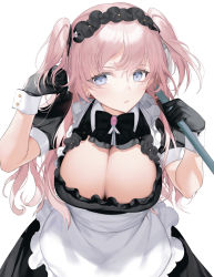 Rule 34 | 1girl, apron, black bow, black bowtie, black dress, black gloves, blue eyes, blue ribbon, blurry, bow, bowtie, breasts, brooch, carrying over shoulder, cleavage, closed mouth, collared dress, cowboy shot, dress, earrings, eyelashes, frills, gloves, hands up, highres, holding, jewelry, koyo akio, large breasts, leaning forward, long hair, looking at viewer, maid, maid apron, neck ribbon, original, pink hair, ribbon, short sleeves, simple background, solo, two side up, white apron, white background, wrist cuffs