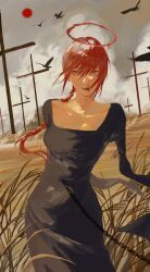 Rule 34 | 1girl, absurdres, amputee, armless amputee, bird, black dress, blood, blood halo, braid, braided ponytail, chain, chainsaw man, cross, crow, double amputee, dress, field, graveyard, halo, highres, liquid halo, looking at viewer, makima (chainsaw man), medium hair, nosebleed, qii yu, red hair, red halo, ringed eyes, solo, tombstone, yellow eyes