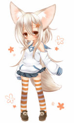 Rule 34 | 1girl, :&lt;, animal ears, blonde hair, blush, brown eyes, detached sleeves, felt (inuue kiyu), fox ears, fox tail, hair ornament, hairclip, highres, inuue kiyu, long hair, off shoulder, open mouth, original, shoes, skirt, sleeves past wrists, solo, striped clothes, striped thighhighs, tail, thighhighs, zettai ryouiki