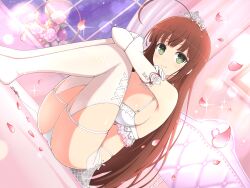 Rule 34 | 1girl, ahoge, ass, bed, bed sheet, bedroom, blush, bra, breasts, bridal lingerie, bride, brown hair, cleavage, elbow gloves, falling petals, feet out of frame, flower, flower basket, frilled bra, frills, garter straps, gloves, green eyes, highres, indoors, jewelry, large breasts, leaf, legs, lens flare, lingerie, long hair, looking at viewer, necklace, night, night sky, no shoes, official alternate costume, official art, on bed, panties, pearl necklace, petals, pillow, pink flower, pink rose, purple flower, purple rose, rose, senran kagura, senran kagura new link, sitting, sky, smile, solo, sparkle, star (sky), starry sky, thigh strap, thighhighs, tiara, ui (senran kagura), underwear, white panties, white thighhighs, window, yaegashi nan
