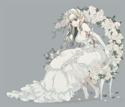 Rule 34 | 1girl, akio (89e), anklet, backless dress, backless outfit, barefoot, blonde hair, breasts, bride, chair, dress, elbow gloves, flower, frills, full body, gloves, grey background, hair flower, hair ornament, high heels, holding, jewelry, leaf, long hair, looking at viewer, medium breasts, original, petals, red eyes, rose, shoe dangle, shoes, sideboob, simple background, single shoe, sitting, sleeveless, sleeveless dress, solo, wedding dress, white dress, white flower, white gloves, white rose