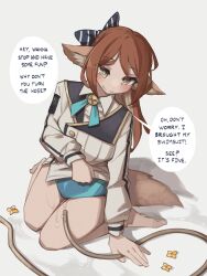 Rule 34 | 1girl, absurdres, animal ears, arknights, blue bow, blue necktie, blue one-piece swimsuit, blush, bow, brown hair, collared shirt, english text, flower, fox ears, fox girl, grey background, hair bow, highres, hose, long hair, necktie, one-piece swimsuit, perfumer (arknights), ponytail, shirt, simple background, sitting, smile, solo, speech bubble, striped, striped bow, swimsuit, swimsuit under clothes, togekk0, water, white shirt, yellow eyes, yellow flower