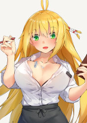 Rule 34 | 1girl, antenna hair, black bra, black skirt, blonde hair, bra, bra peek, breasts, bursting breasts, buttons, character name, collared shirt, dress shirt, flying button, green eyes, hair ornament, highres, kanzen bouon, large breasts, long hair, long sleeves, looking at viewer, name tag, notebook, open mouth, pen, popped button, shirt, skirt, sleeves rolled up, solo, surprised, tsurumaki maki, underwear, upper body, very long hair, voiceroid, waitress, wardrobe malfunction, white background, white shirt, wide-eyed