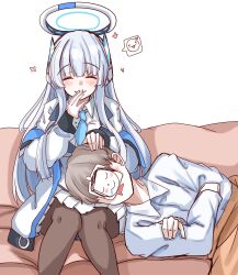 Rule 34 | 1boy, 1girl, ^ ^, absurdres, black pantyhose, blue archive, blush, closed eyes, couch, crossed arms, drooling, feet out of frame, grey hair, halo, highres, long hair, lying, mouth drool, noa (blue archive), on couch, on side, pantyhose, paper on head, peroronti, sensei (blue archive), sitting, sleeping, smile, spoken expression, very long hair