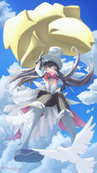 Rule 34 | 1girl, absurdres, armpits, balloon, black hair, blue sky, bow, breasts, cloud, cloudy sky, floating, floating hair, from below, green eyes, h@ne, hat, highres, holding, holding balloon, long hair, looking at viewer, magia record: mahou shoujo madoka magica gaiden, mahou shoujo madoka magica, mariko ayaka, red bow, sky, small breasts, solo, soul gem, star balloon, teeth, thick eyebrows, top hat, underboob, upper teeth only, dove