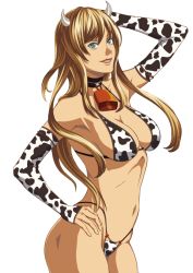 Rule 34 | 1girl, animal print, aqua eyes, bad id, bad pixiv id, bell, neck bell, bikini, blonde hair, breasts, collar, cow girl, cow horns, cow print, cowbell, elbow gloves, female focus, gloves, horns, long hair, looking at viewer, navel, open mouth, original, shanaminami, smile, solo, swimsuit, transparent background