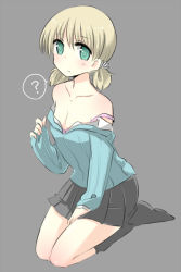 Rule 34 | 10s, 1girl, ?, aki (girls und panzer), blue shirt, clothes pull, full body, girls und panzer, green eyes, grey background, grey skirt, grey socks, hair tie, light brown hair, long sleeves, looking at viewer, mikaze, miniskirt, parted lips, pleated skirt, school uniform, seiza, shirt, shirt pull, short hair, short twintails, simple background, sitting, skirt, socks, solo, spoken question mark, strap slip, striped clothes, striped shirt, twintails, vertical-striped clothes, vertical-striped shirt, white shirt