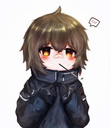Rule 34 | 1girl, absurdres, bandaid, bandaid on face, bandaid on nose, black gloves, blue jacket, blush, brown eyes, brown hair, food, food in mouth, girls&#039; frontline, gloves, hair between eyes, hands up, high collar, highres, hs2000 (girls&#039; frontline), index fingers together, jacket, long sleeves, looking at viewer, medium hair, pocky, signature, simple background, solo, speech bubble, stuffing scone, sweat, upper body, white background