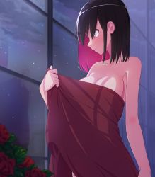 Rule 34 | 1girl, azki (hololive), bare shoulders, black hair, blue eyes, breasts, colored inner hair, flower, from side, highres, holding, holding towel, hololive, indoors, large breasts, loeldrive, looking away, medium hair, mole, mole under eye, multicolored hair, naked towel, night, pink hair, red flower, red rose, rose, solo, towel, virtual youtuber, window