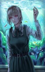 Rule 34 | 1girl, aquarium, chainsaw man, dress, earrings, fami (chainsaw man), fourth east high school uniform, grey hair, highres, jewelry, karusou777, looking to the side, mole, mole under eye, mole under mouth, multiple moles, pinafore dress, pink eyes, ringed eyes, school uniform, short hair, sleeveless, sleeveless dress, snapping fingers, solo, tassel, tassel earrings, twitter username