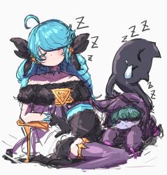 Rule 34 | 2girls, absurdres, ahoge, bare shoulders, black bow, black dress, black gloves, blush, bow, closed eyes, collarbone, commentary, dress, drill hair, gloves, green hair, grey dress, gwen (league of legends), hair bow, highres, hood, hood up, league of legends, long hair, lying, monakan japan, multiple girls, off shoulder, on stomach, purple thighhighs, simple background, sitting, sketch, symbol-only commentary, thighhighs, twin drills, vex (league of legends), white background, zzz