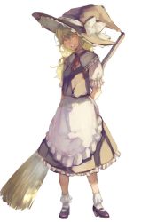 Rule 34 | 1girl, apron, bad id, bad twitter id, blonde hair, broom, full body, hat, hat ribbon, kagari (kgr 000), kirisame marisa, long hair, looking at viewer, mary janes, open mouth, puffy sleeves, ribbon, shirt, shoes, short sleeves, simple background, skirt, skirt set, smile, socks, solo, touhou, vest, waist apron, white background, white socks, witch hat, yellow eyes