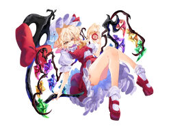 Rule 34 | 1girl, absurdres, ascot, blonde hair, bow, calpis118, commentary request, crystal, energy ball, evil grin, evil smile, eyelashes, flandre scarlet, floating hair, frilled skirt, frills, full body, grin, hair between eyes, hand up, hat, highres, holding, holding weapon, huge bow, knees together feet apart, laevatein (touhou), light blush, looking at viewer, mary janes, medium hair, mob cap, puffy short sleeves, puffy sleeves, red bow, red eyes, red footwear, red skirt, red vest, shirt, shoes, short sleeves, side ponytail, simple background, skirt, slit pupils, smile, socks, solo, thighs, touhou, vest, wavy hair, weapon, white background, white hat, white shirt, white socks, wings, yellow ascot