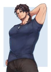 Rule 34 | 1boy, absurdres, arm behind head, bara, beard, belmond banderas, black pants, blue shirt, dog tags, facial hair, feet out of frame, from below, hand on own hip, highres, large pectorals, long hair, looking at viewer, low ponytail, male focus, mature male, multicolored hair, nijisanji, pants, pectorals, shirt, side ponytail, smile, solo, streaked hair, stubble, thick eyebrows, toned, toned male, townoise, virtual youtuber