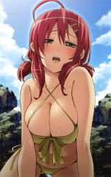Rule 34 | 1girl, absurdres, ahoge, bikini, blush, breasts, cleavage, criss-cross halter, d:, day, deardrops, female focus, front-tie top, fujimaru (bluebrand), green eyes, hair ornament, hairclip, hairpin, halterneck, highres, large breasts, looking at viewer, low twintails, naughty face, navel, open mouth, outdoors, red hair, sakurai kanade (deardrops), short twintails, side-tie bikini bottom, solo, sweat, swimsuit, twintails, yellow bikini, yellow eyes