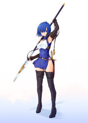 Rule 34 | 1girl, armpits, bare hips, belt, blue eyes, blue hair, boots, catria (fire emblem), elbow gloves, female focus, fingerless gloves, fire emblem, full body, gloves, gradient background, hair between eyes, high heel boots, high heels, holding, holding weapon, kirishima satoshi, looking at viewer, matching hair/eyes, nintendo, polearm, shadow, short hair, simple background, smile, solo, spear, standing, sword, thighhighs, weapon, white background