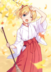 Rule 34 | 1girl, alternate costume, autumn leaves, blonde hair, blue eyes, blurry, broom, commission, depth of field, feet out of frame, ginkgo leaf, hakama, japanese clothes, kantai collection, leaf, maikaze (kancolle), miko, mitsuyo (mituyo324), one eye closed, open mouth, parted bangs, ponytail, red hakama, short hair, smile, solo