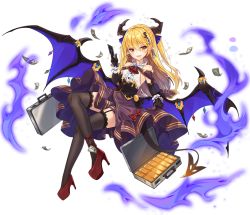 Rule 34 | 1girl, :d, ark order, banknote, black corset, black gloves, black thighhighs, blonde hair, blue bow, bow, briefcase, cape, card, center frills, corset, credit card, dango remi, demon girl, demon horns, demon tail, demon wings, dollar bill, dollar hair ornament, dollar sign, elbow gloves, flat chest, frills, full body, garter straps, gloves, gold bar, hair bow, hair ornament, high heels, holding, holding card, horns, lace, lace-trimmed legwear, lace trim, long hair, looking at viewer, mammon (ark order), money, official art, open mouth, pointy ears, purple cape, purple skirt, red bow, red footwear, shirt, shoes, skirt, sleeveless, sleeveless shirt, smile, solo, suitcase, tachi-e, tail, thighhighs, transparent background, very long hair, white shirt, wings, yellow eyes