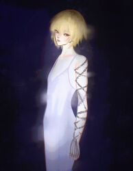 Rule 34 | 1other, androgynous, bare shoulders, blonde hair, chain, collarbone, cowboy shot, dress, formal, highres, hunter x hunter, jewelry, kurapika, looking at viewer, multiple rings, red eyes, regene ta, ring, short hair, sleeveless, solo, white dress