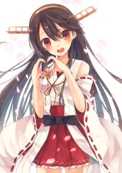 Rule 34 | 10s, 1girl, :d, black hair, breasts, brown eyes, detached sleeves, hairband, haruna (kancolle), heart, heart hands, kantai collection, long hair, looking at viewer, nontraditional miko, open mouth, petals, pleated skirt, ribbon-trimmed sleeves, ribbon trim, shugao, skirt, small breasts, smile, solo, wide sleeves
