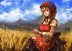 Rule 34 | 1girl, aki minoriko, apron, blonde hair, blurry, blurry background, frilled hat, frills, fruit hat ornament, grape hat ornament, hat, highres, holding, holding wheat, kuya (hey36253625), lifting own clothes, outdoors, red apron, red eyes, red hat, shirt, short hair, smile, solo, touhou, wheat field, yellow shirt