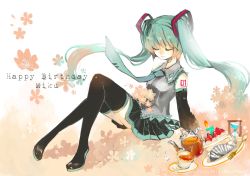 Rule 34 | 10s, 1girl, 2014, artist name, boots, cake, candle, character name, cup, dated, detached sleeves, closed eyes, food, fork, green hair, happy birthday, hatsune miku, highres, hourglass, ironaki, long hair, necktie, sitting, skirt, solo, sugar cube, teacup, teapot, thigh boots, thighhighs, twintails, very long hair, vocaloid
